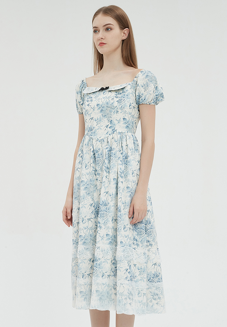 2023 Designer new summer Square Neckline Lace Trim Vintage Elegant Dress B23070512MT