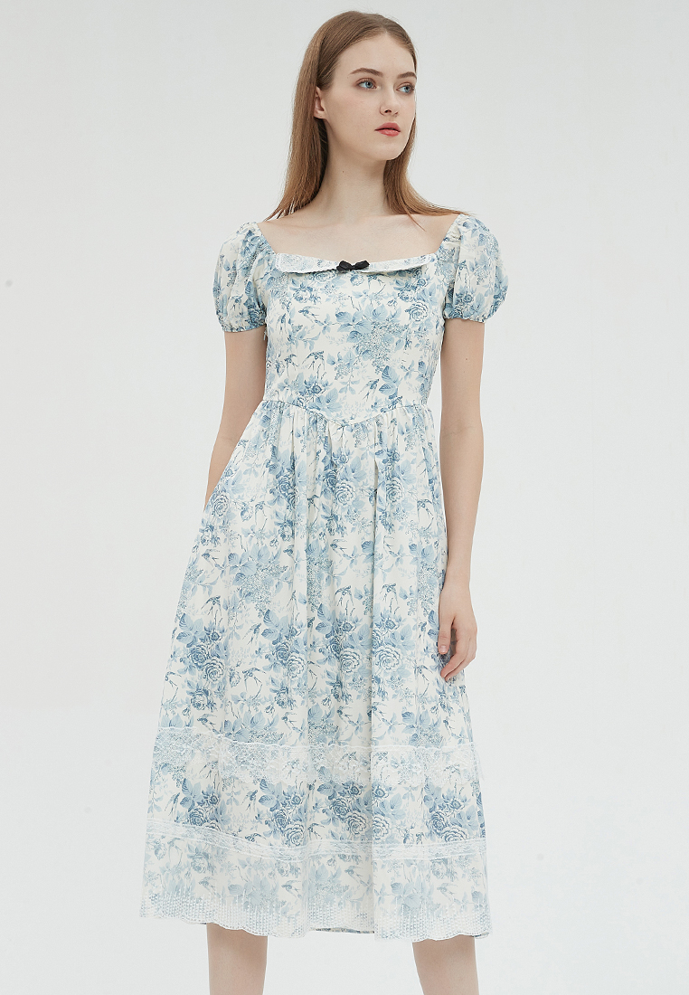 2023 Designer new summer Square Neckline Lace Trim Vintage Elegant Dress B23070512MT