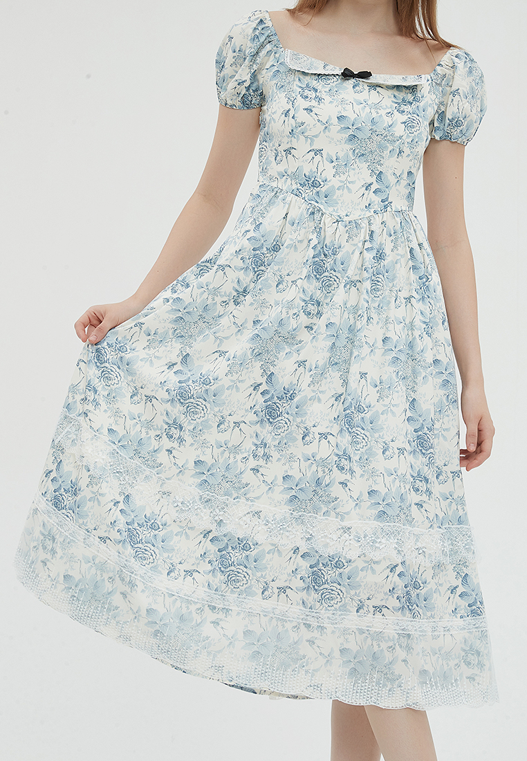 2023 Designer new summer Square Neckline Lace Trim Vintage Elegant Dress B23070512MT