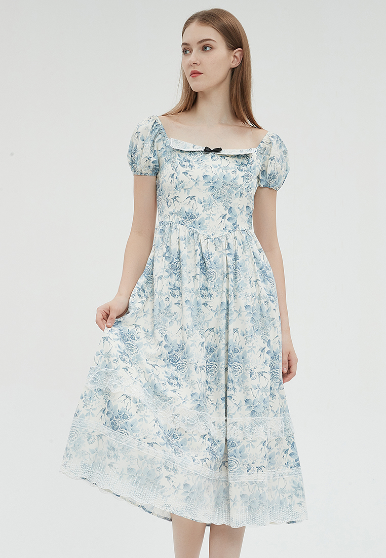 2023 Designer new summer Square Neckline Lace Trim Vintage Elegant Dress B23070512MT