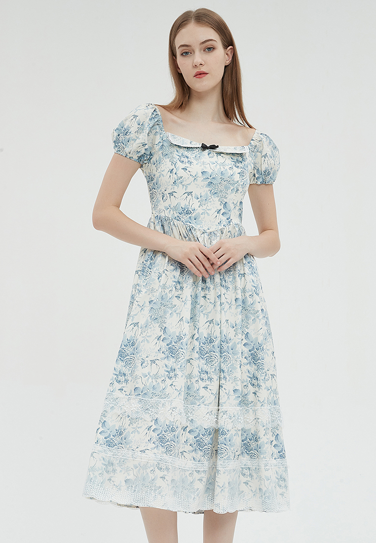 2023 Designer new summer Square Neckline Lace Trim Vintage Elegant Dress B23070512MT