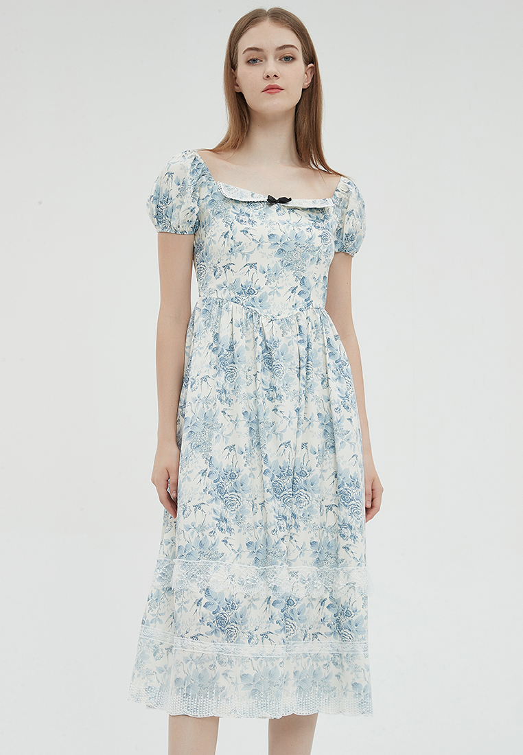 2023 Designer new summer Square Neckline Lace Trim Vintage Elegant Dress B23070512MT