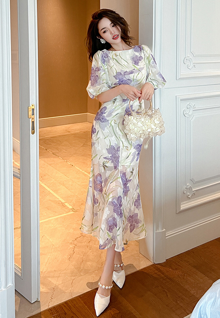 2023 New summer little fresh air round neck puff sleeve print fishtail dress CA061512