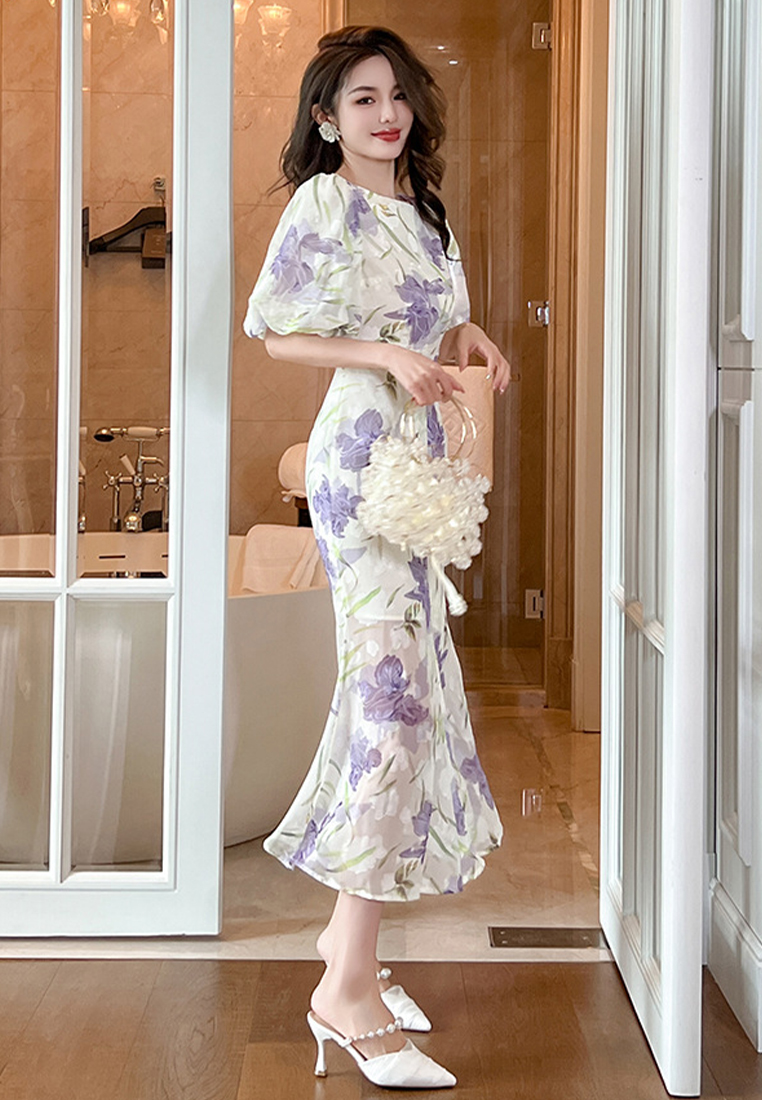 2023 New summer little fresh air round neck puff sleeve print fishtail dress CA061512