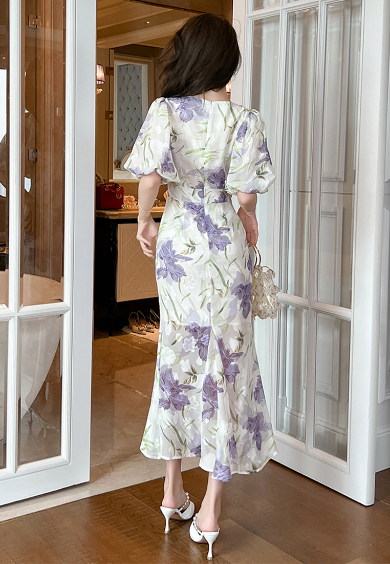 2023 New summer little fresh air round neck puff sleeve print fishtail dress CA061512