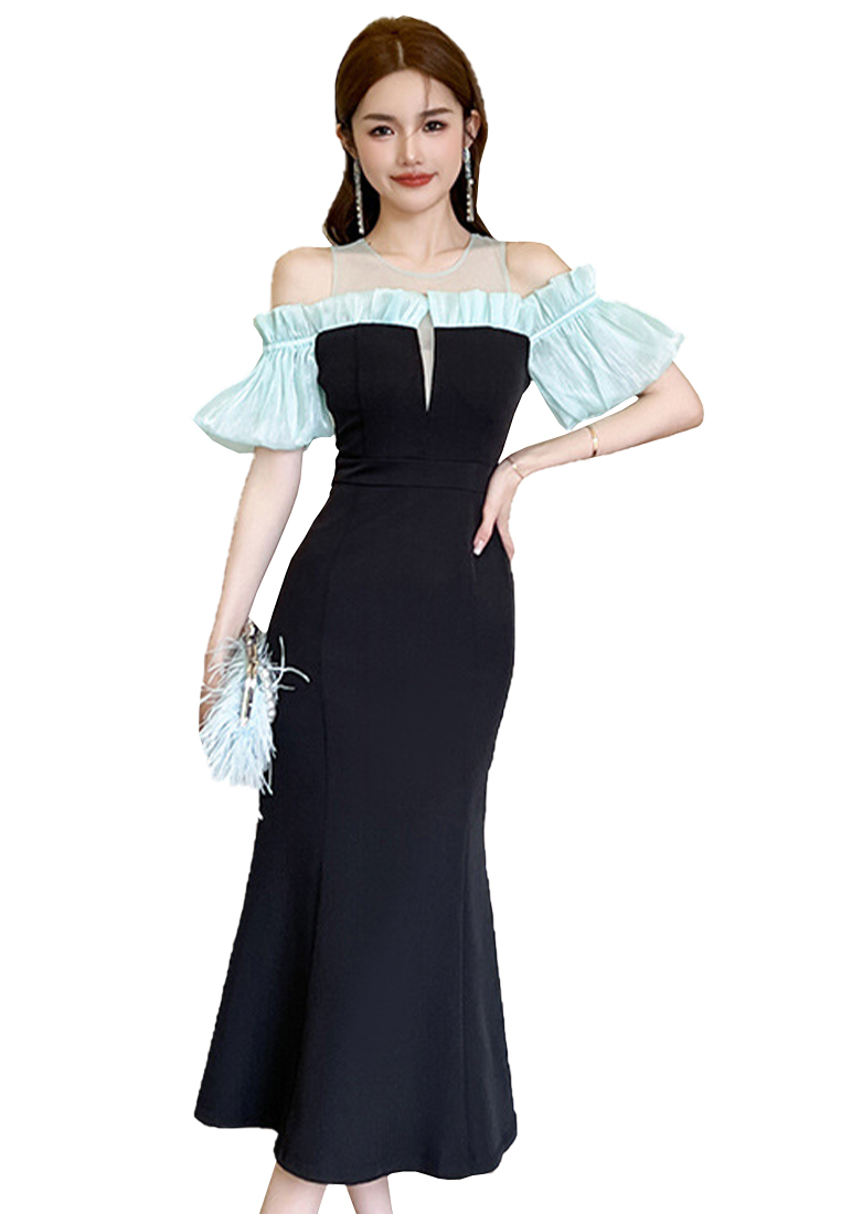 2023 Celebrity dress long skirt women's new summer puff sleeve fishtail dress CA061515