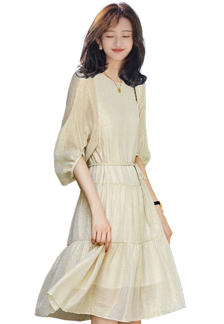 2023 Summer New Bright Silk Belted Round Neck Silk Dress CA072416