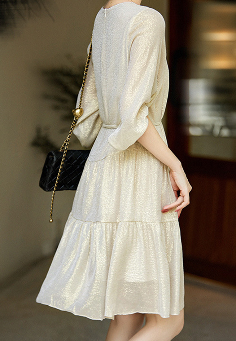 2023 Summer New Bright Silk Belted Round Neck Silk Dress CA072416