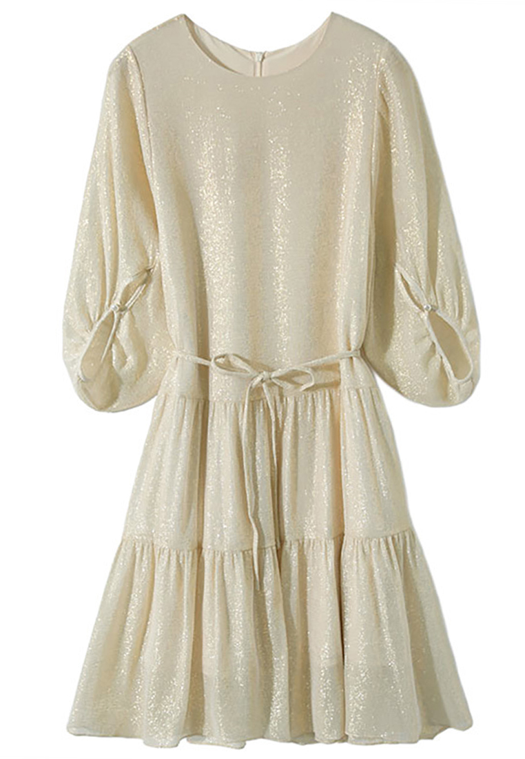 2023 Summer New Bright Silk Belted Round Neck Silk Dress CA072416