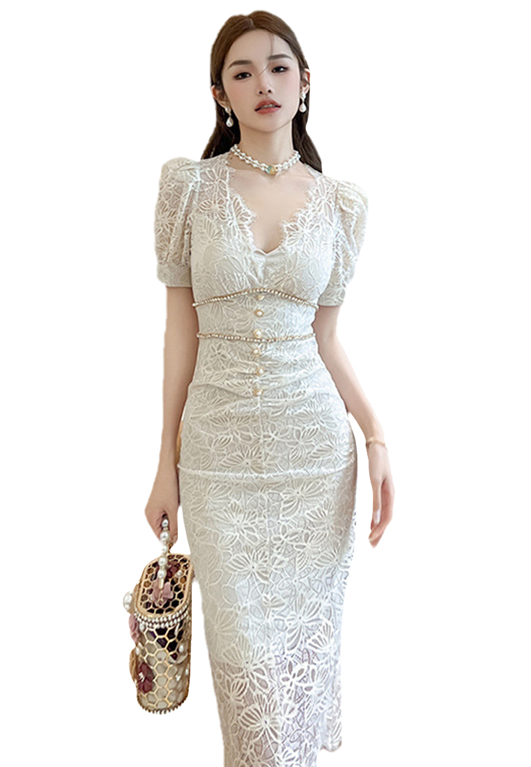 2023 Summer new women's Korean version set diamond single-breasted V-neck lace dress CA061517BK