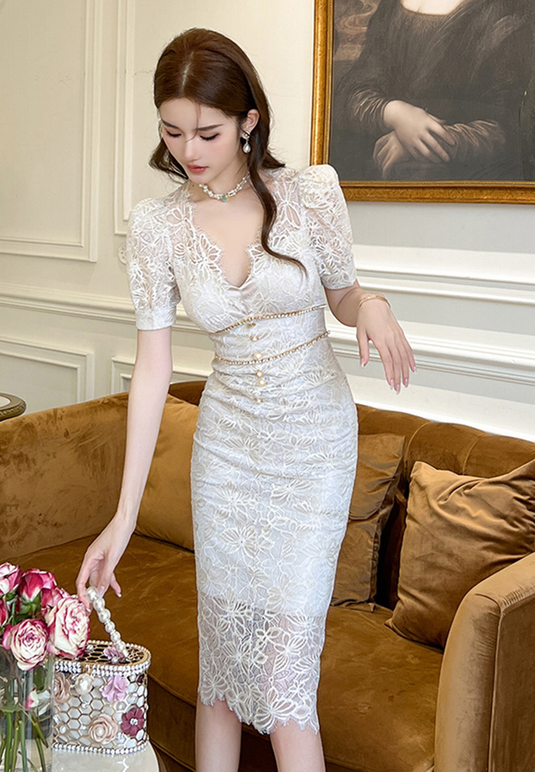 2023 Summer new women's Korean version set diamond single-breasted V-neck lace dress CA061517BK