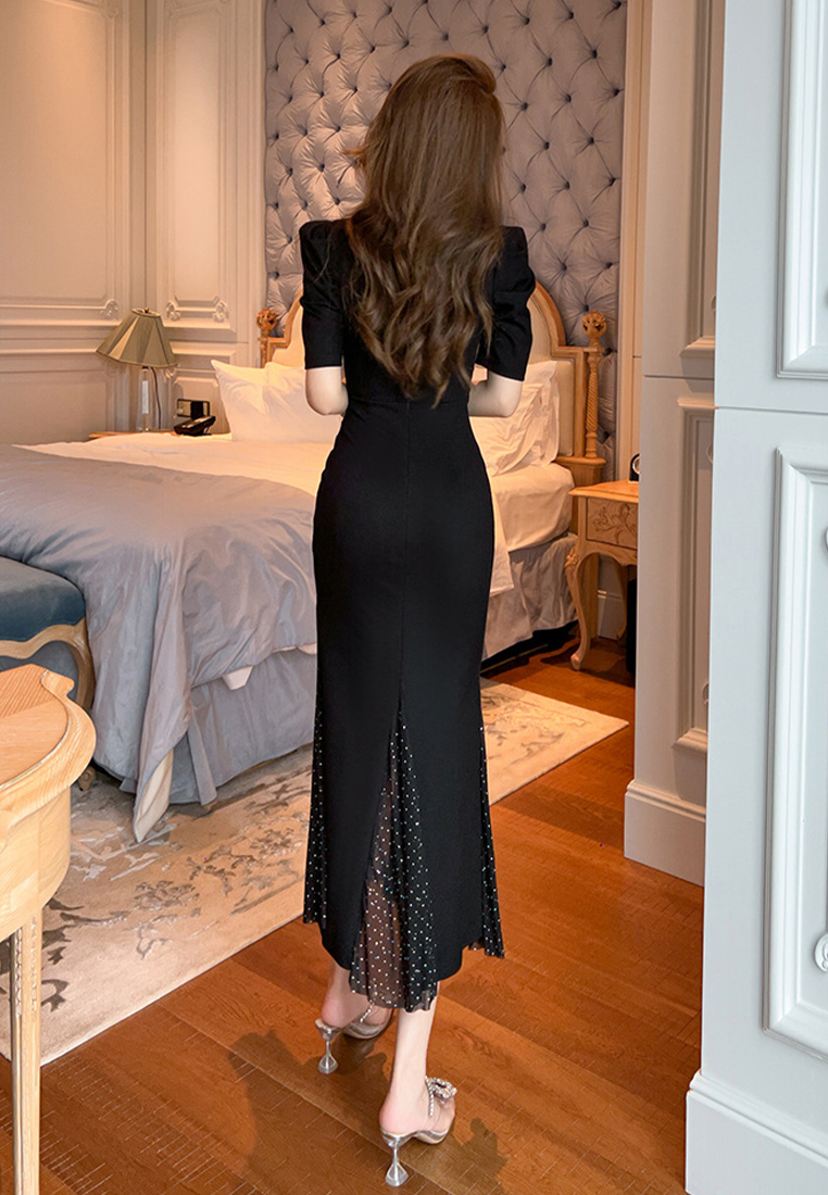 2023 Summer new women's French neck puff sleeve temperament fishtail dress CA061518