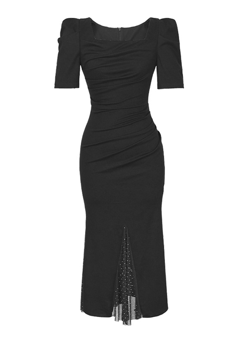 Summer new women's French neck puff sleeve temperament fishtail dress