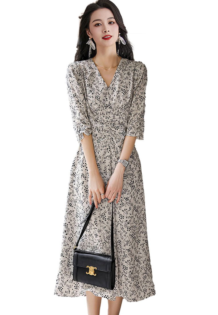 2023 Summer New V-neck Floral Print Elegant Silk Dress CA072402