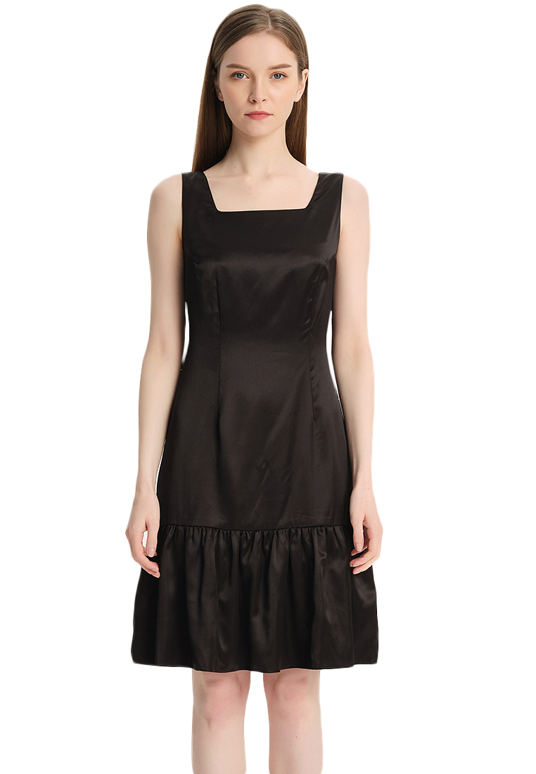 Women Ladies Retro Dress Faux Silk Satin Ruffle for office Sleeveless Square Neck Classic Black One-Piece Dress B22041202-sunnydaysweety