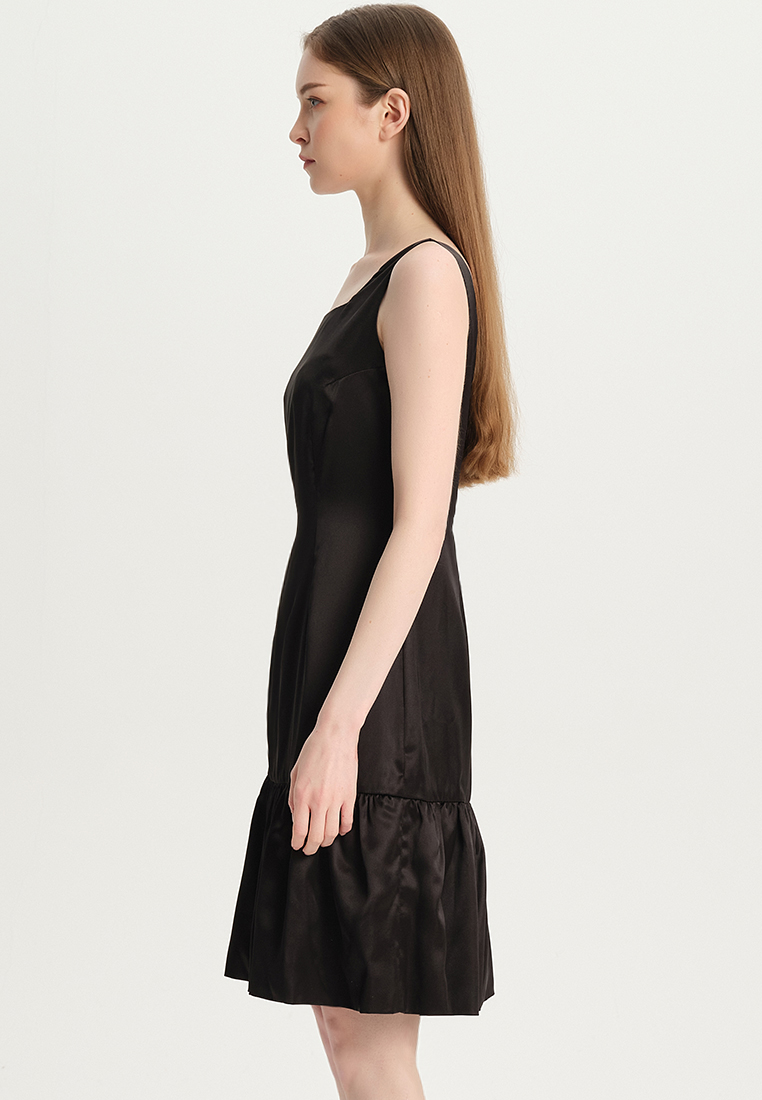 Women Ladies Retro Dress Faux Silk Satin Ruffle for office Sleeveless Square Neck Classic Black One-Piece Dress B22041202-sunnydaysweety