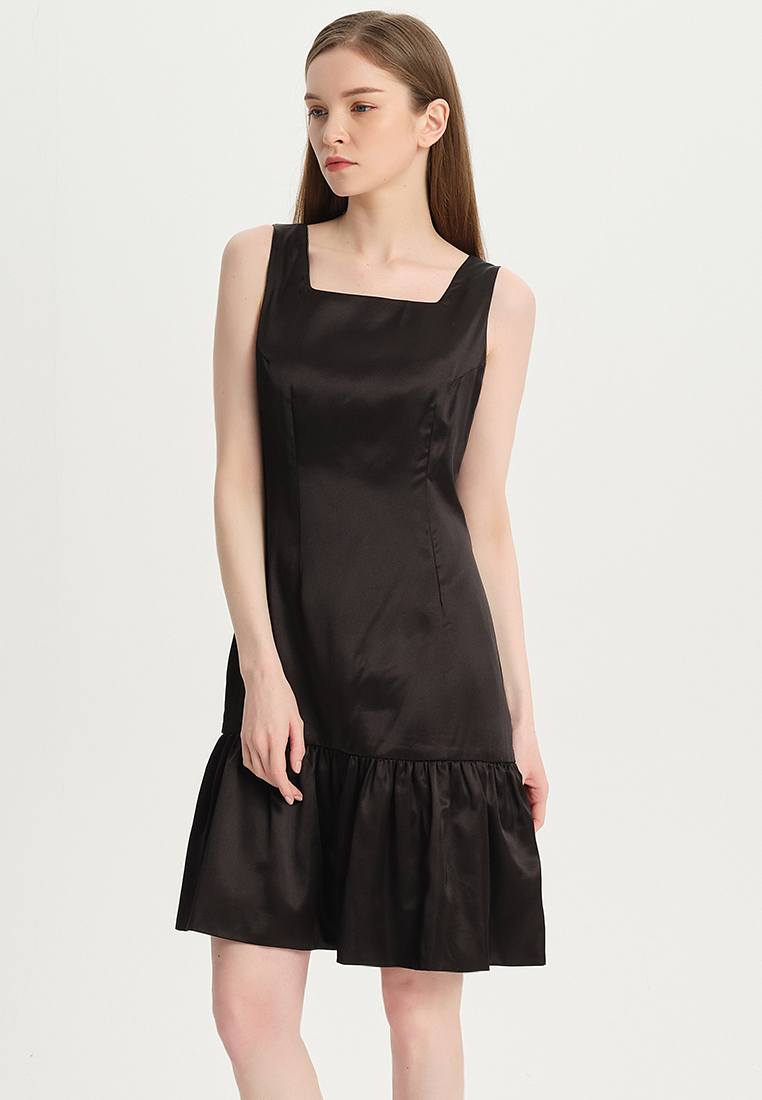 Women Ladies Retro Dress Faux Silk Satin Ruffle for office Sleeveless Square Neck Classic Black One-Piece Dress B22041202-sunnydaysweety