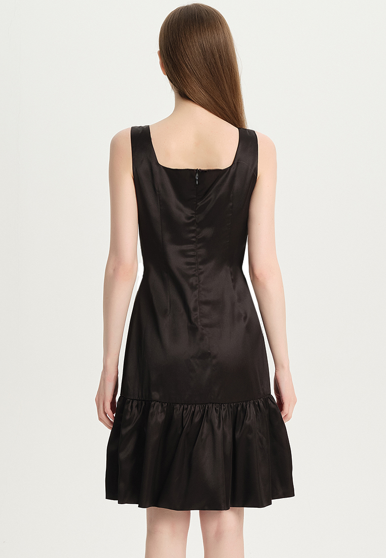 Women Ladies Retro Dress Faux Silk Satin Ruffle for office Sleeveless Square Neck Classic Black One-Piece Dress B22041202-sunnydaysweety