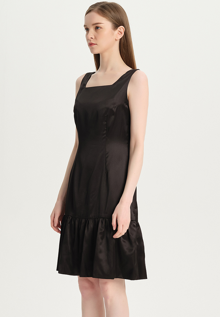 Women Ladies Retro Dress Faux Silk Satin Ruffle for office Sleeveless Square Neck Classic Black One-Piece Dress B22041202-sunnydaysweety