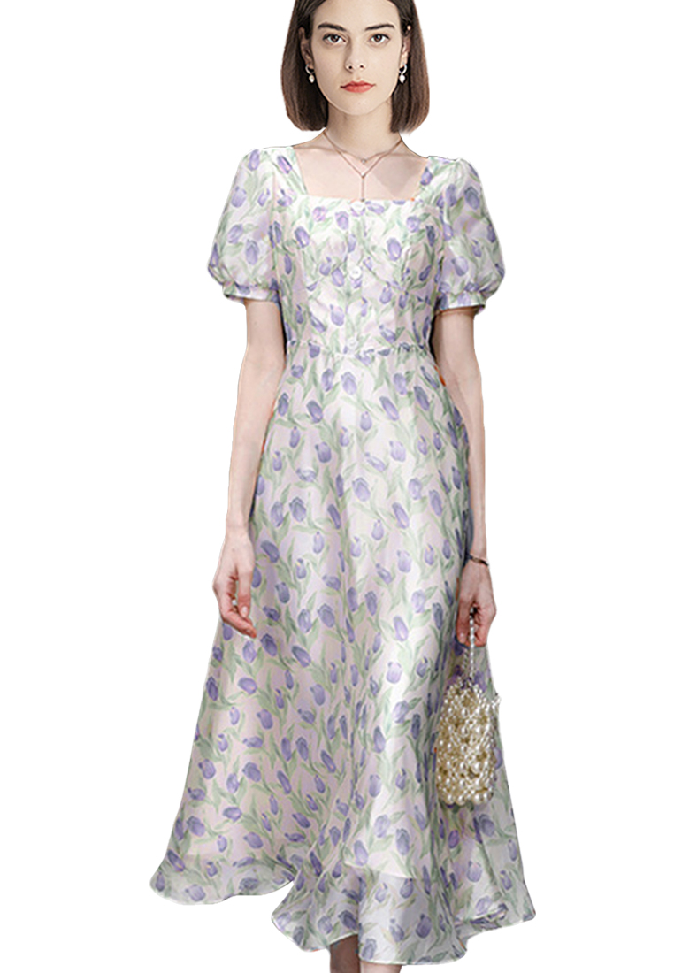 2023 Summer Women's New Arrival Elegant Pink Floral Bubble Sleeve Chiffon Dress CA061502