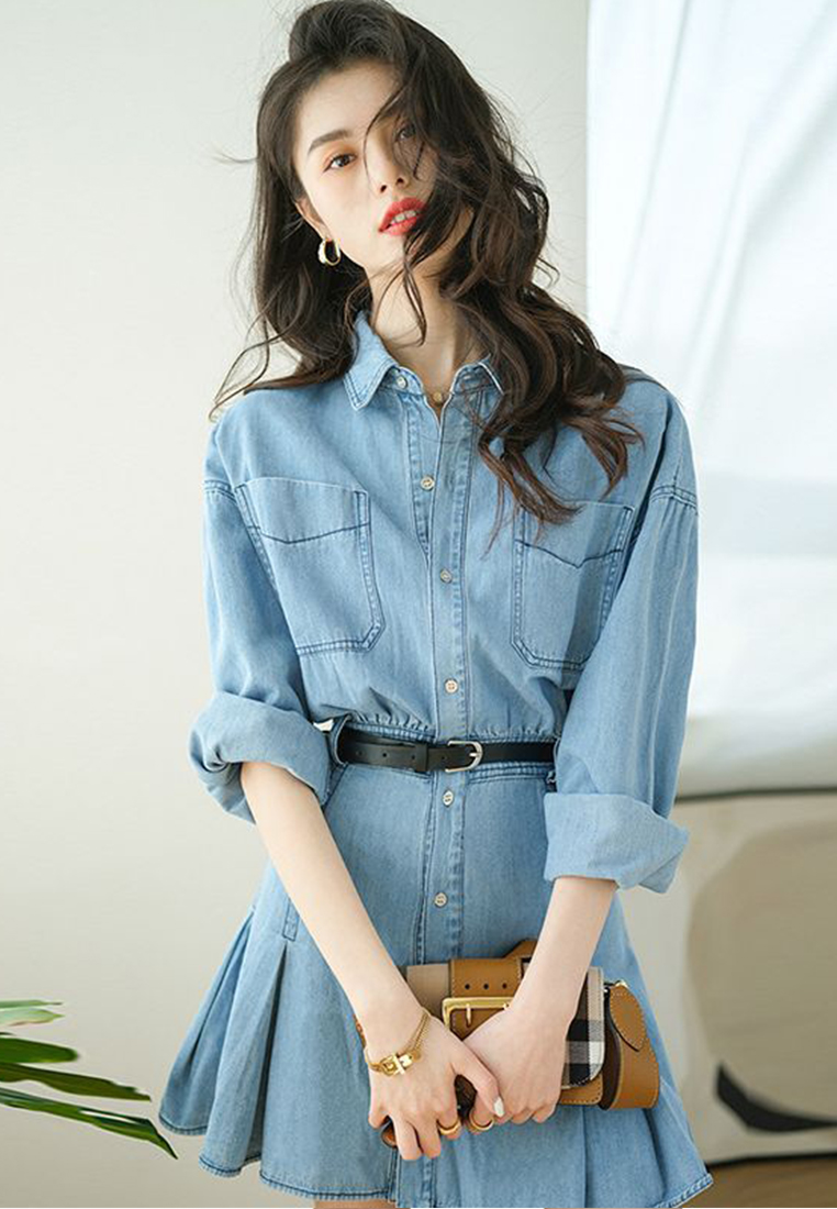 Vintage Premium Single breasted Blue Denim Pleated One-Piece Dress CA23032102