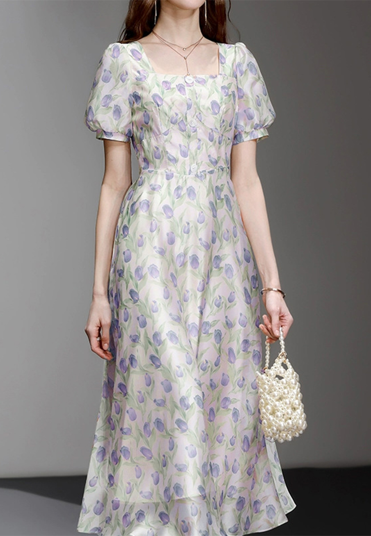 2023 Summer Women's New Arrival Elegant Pink Floral Bubble Sleeve Chiffon Dress CA061502