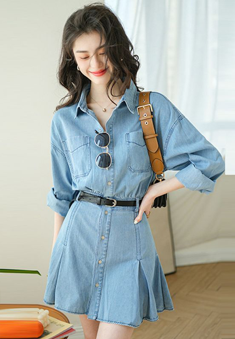 Vintage Premium Single breasted Blue Denim Pleated One-Piece Dress CA23032102
