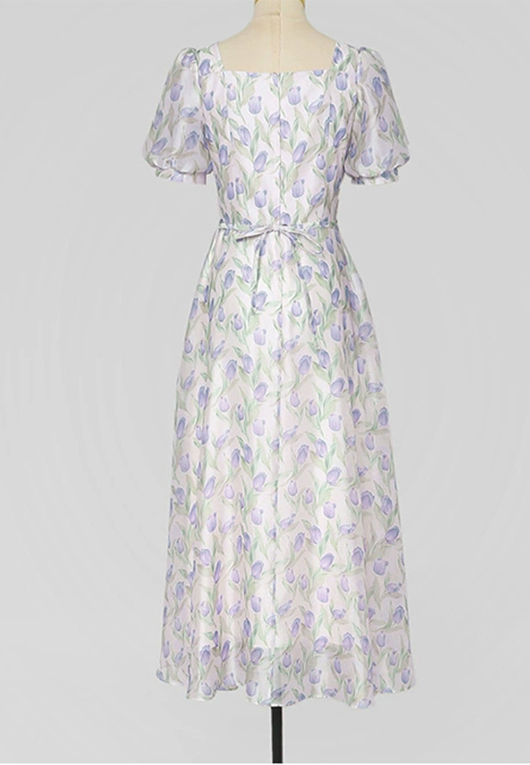 2023 Summer Women's New Arrival Elegant Pink Floral Bubble Sleeve Chiffon Dress CA061502