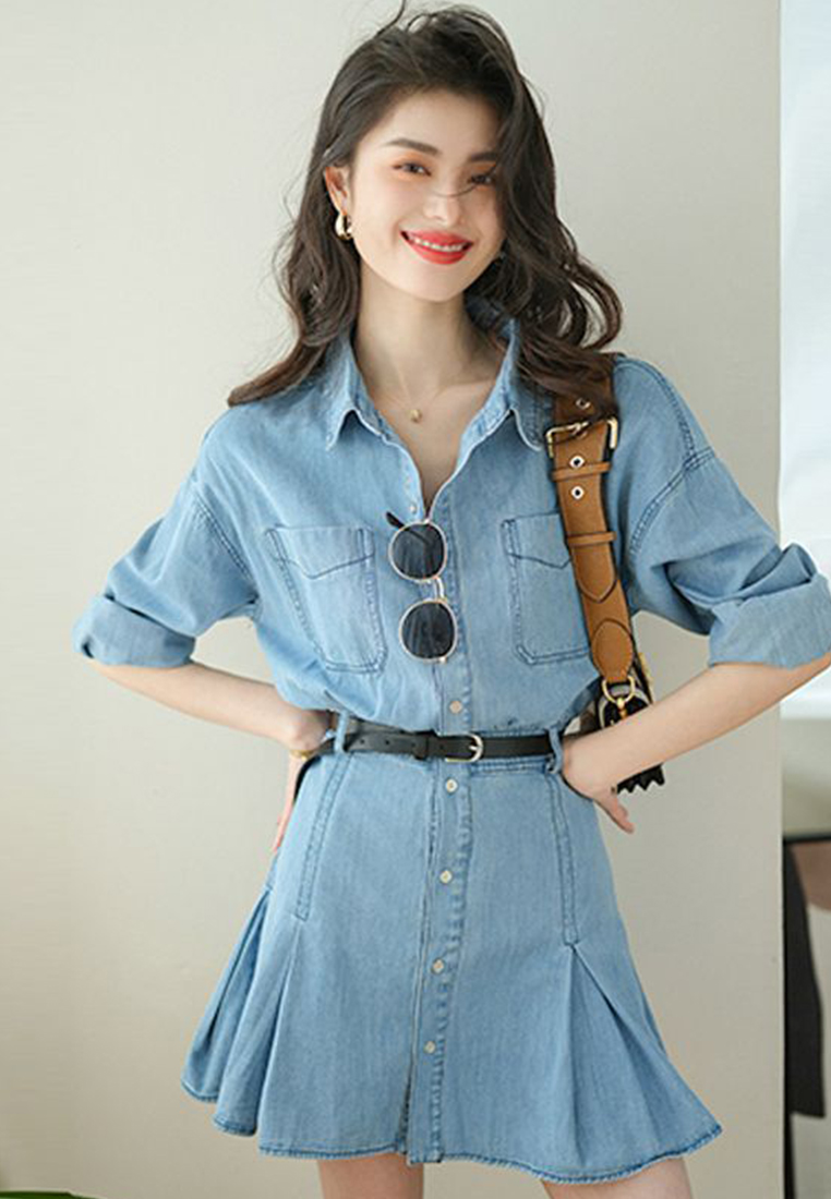 Vintage Premium Single breasted Blue Denim Pleated One-Piece Dress CA23032102