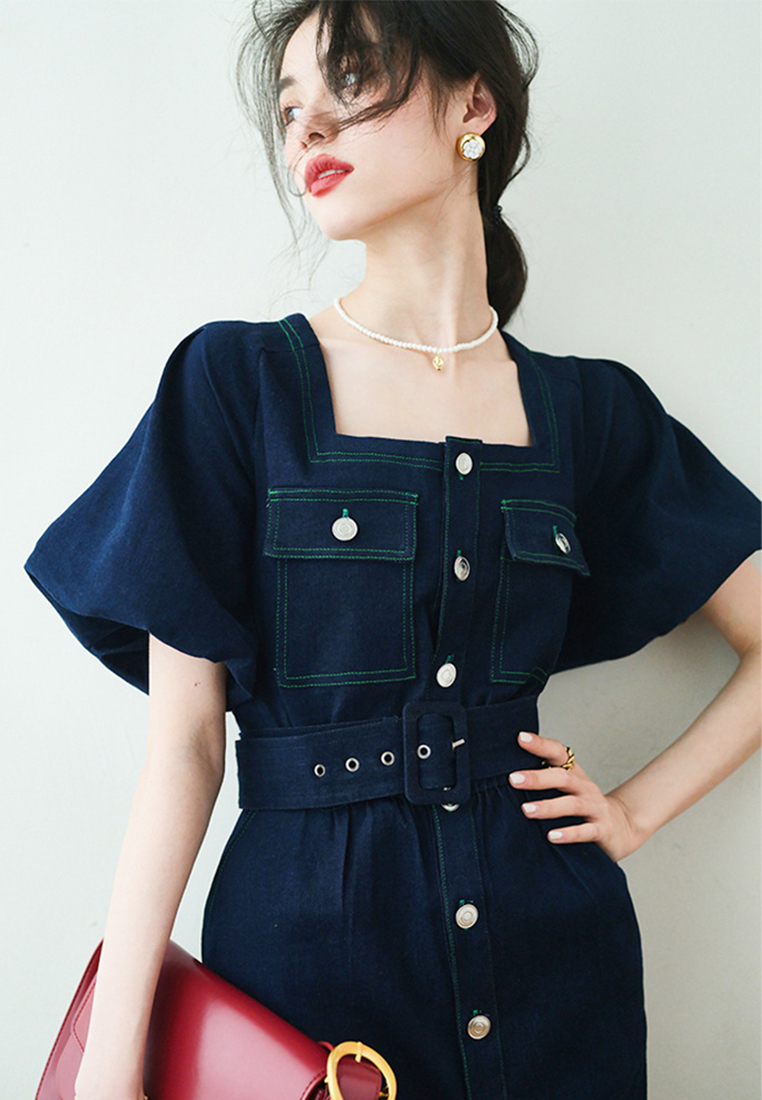 French Vintage Square Neck Bubble Sleeve High Waist Blue Denim One-Piece Dress CA23032103