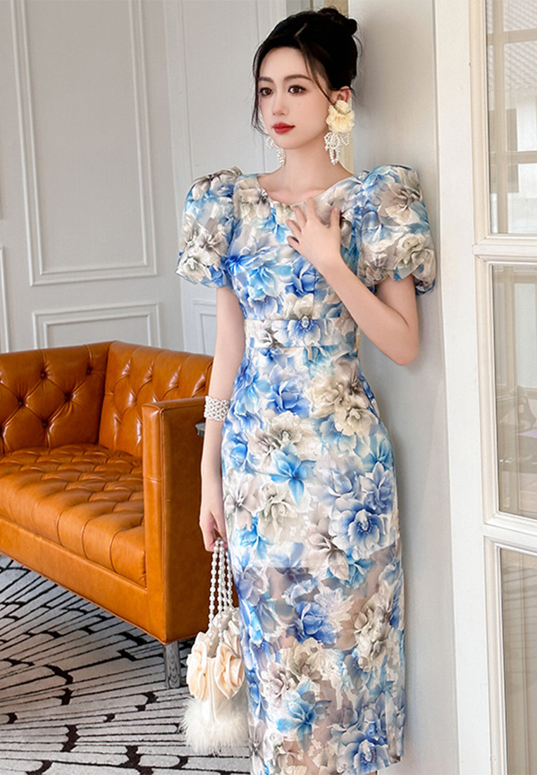 2023 Summer new women's elegant temperament round neck puff sleeves blue print dress CA061503