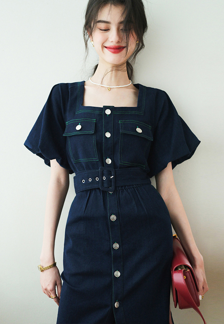 French Vintage Square Neck Bubble Sleeve High Waist Blue Denim One-Piece Dress CA23032103