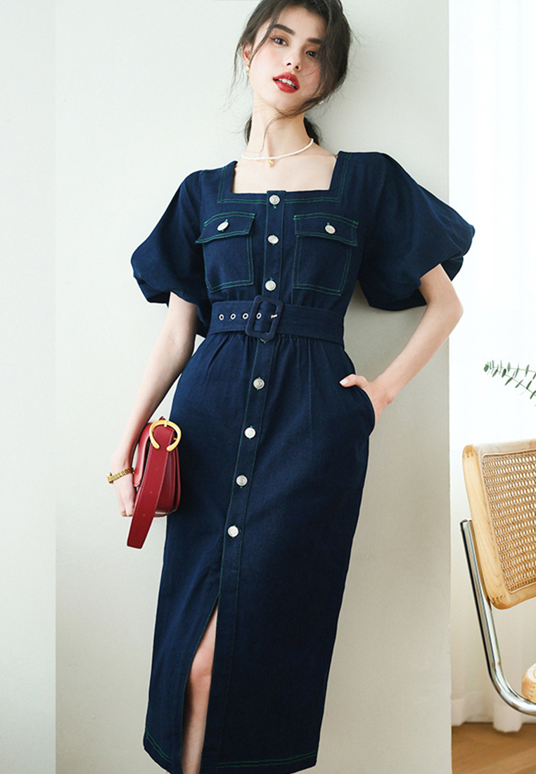 French Vintage Square Neck Bubble Sleeve High Waist Blue Denim One-Piece Dress CA23032103