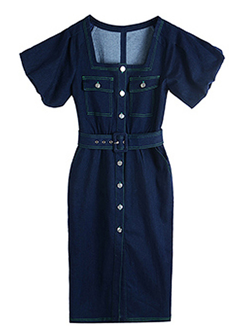 French Vintage Square Neck Bubble Sleeve High Waist Blue Denim One-Piece Dress CA23032103