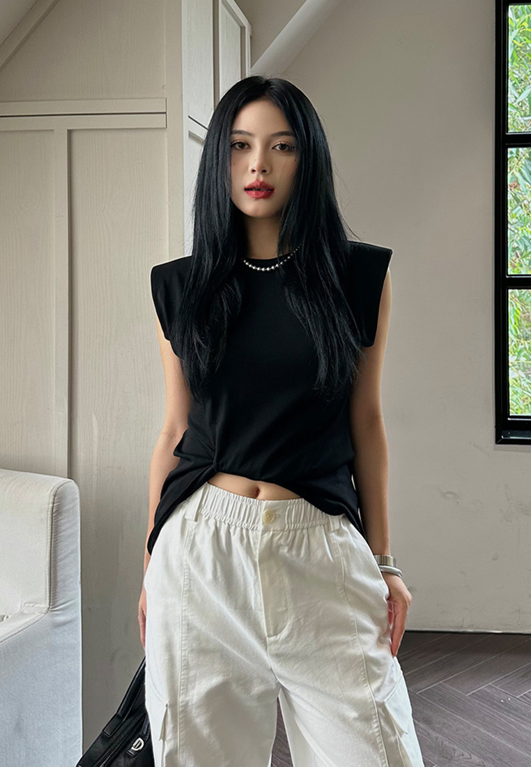 2023 Summer New Tie-Knot Padded Shoulder Design T-Shirt CA061304BK