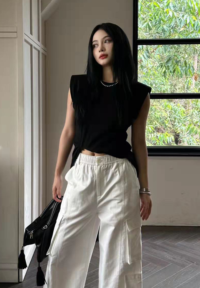 2023 Summer New Tie-Knot Padded Shoulder Design T-Shirt CA061304BK