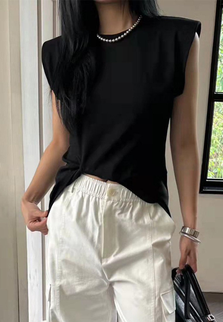 2023 Summer New Tie-Knot Padded Shoulder Design T-Shirt CA061304BK