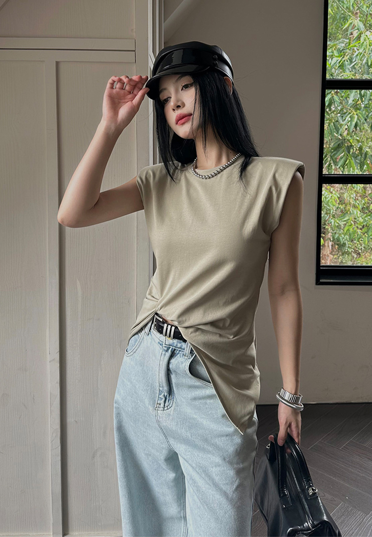 2023 Summer New Tie-Knot Padded Shoulder Design T-Shirt CA061304BK