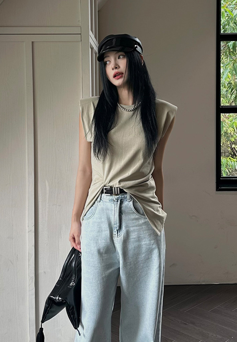 2023 Summer New Tie-Knot Padded Shoulder Design T-Shirt CA061304BK