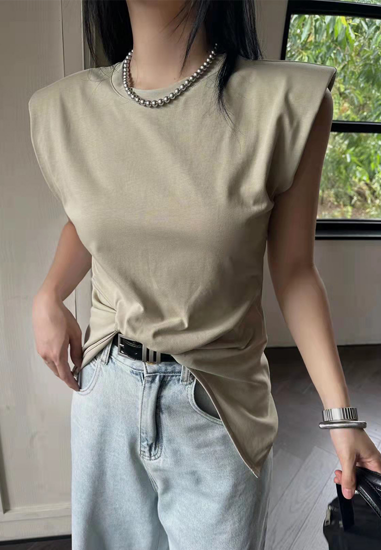 2023 Summer New Tie-Knot Padded Shoulder Design T-Shirt CA061304BK