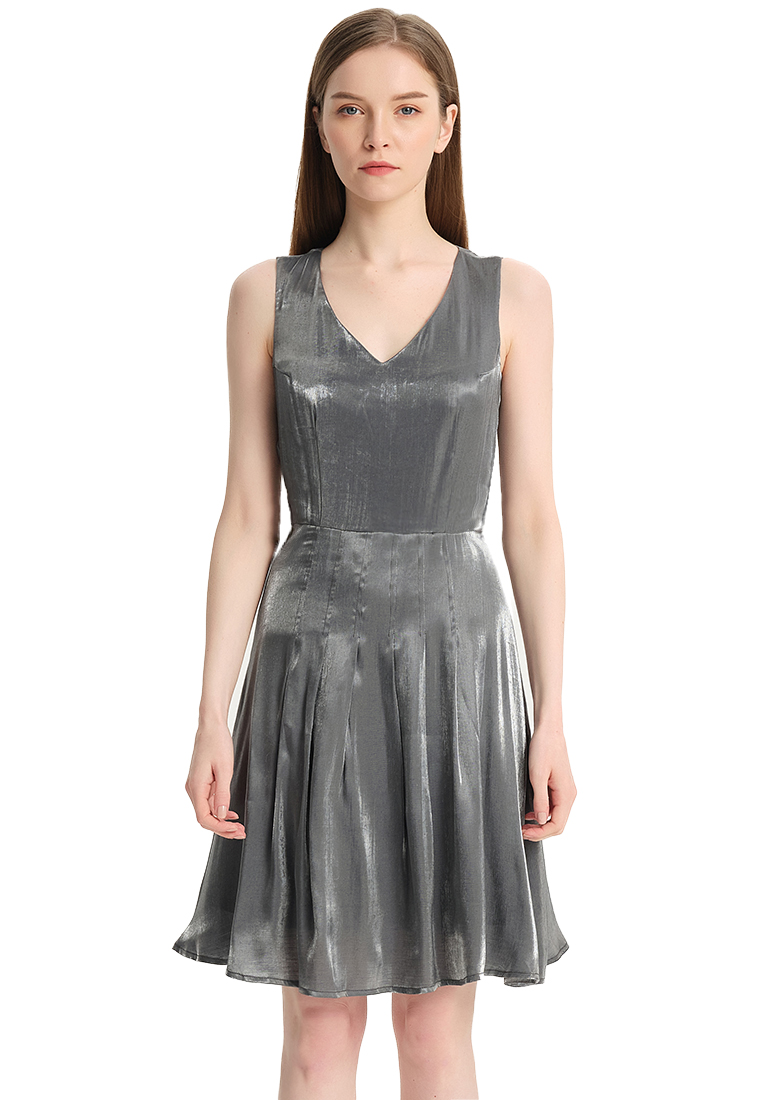 Temperament V-neck color-changing glazed satin one piece dress B22041204