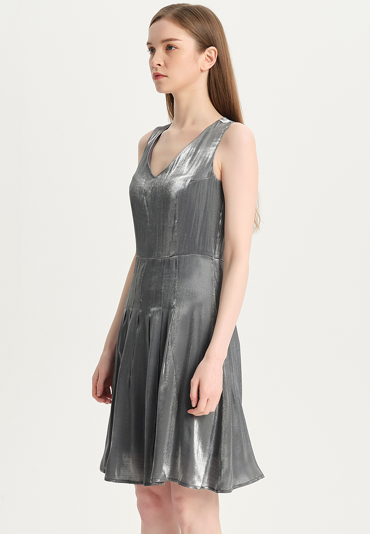 Temperament V-neck color-changing glazed satin one piece dress B22041204