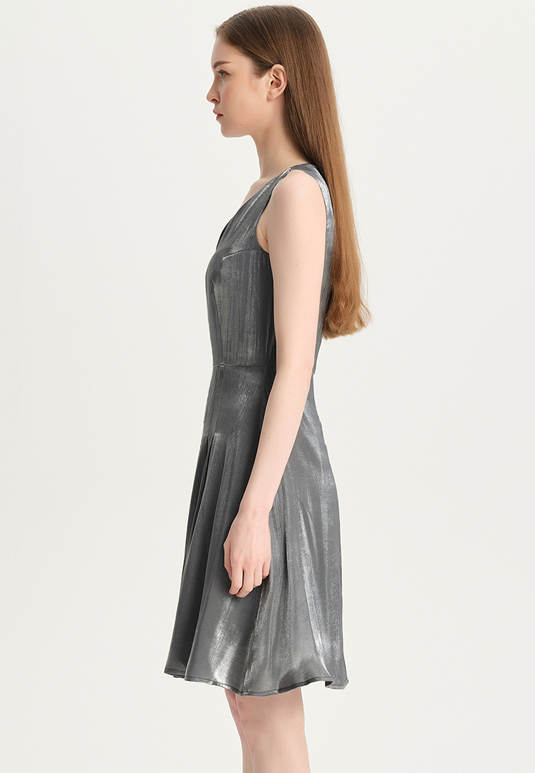 Temperament V-neck color-changing glazed satin one piece dress B22041204