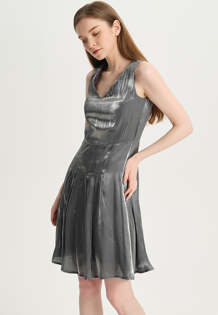 Temperament V-neck color-changing glazed satin one piece dress B22041204