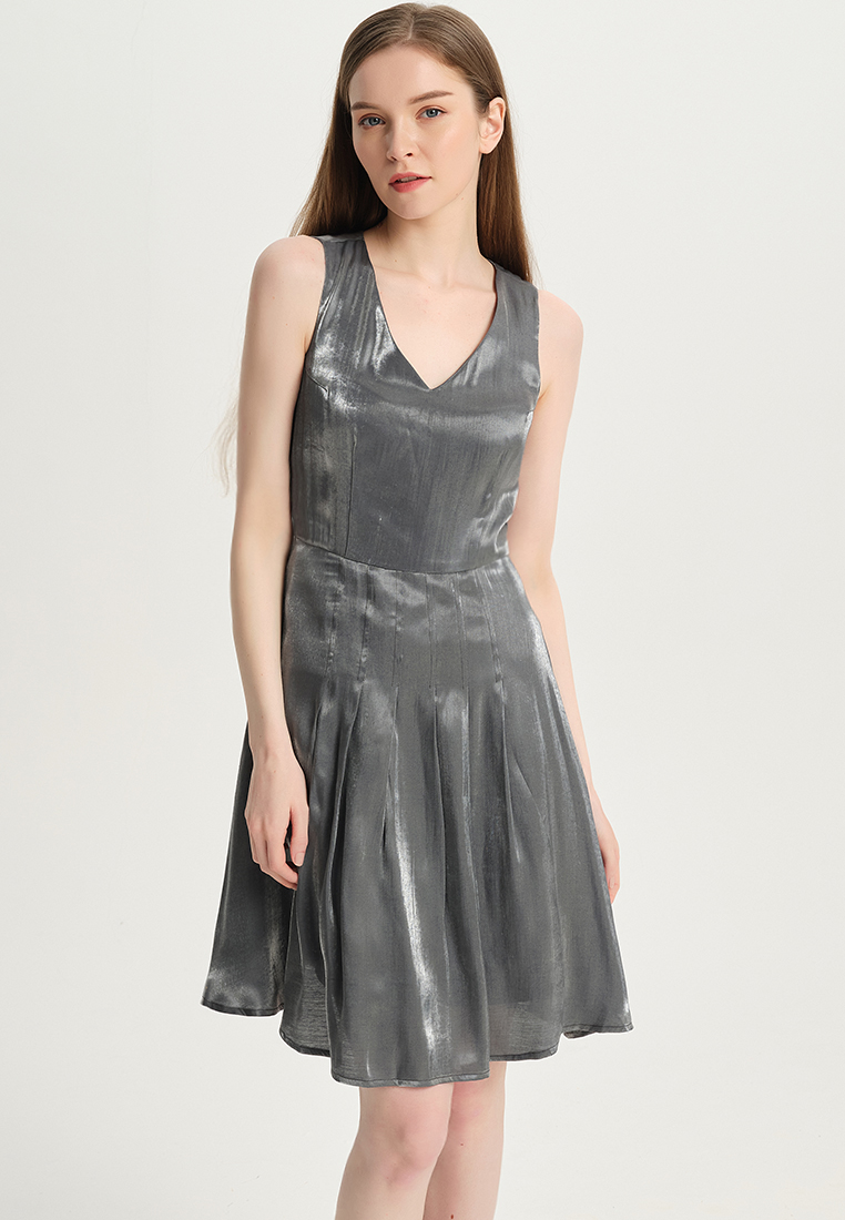 Temperament V-neck color-changing glazed satin one piece dress B22041204