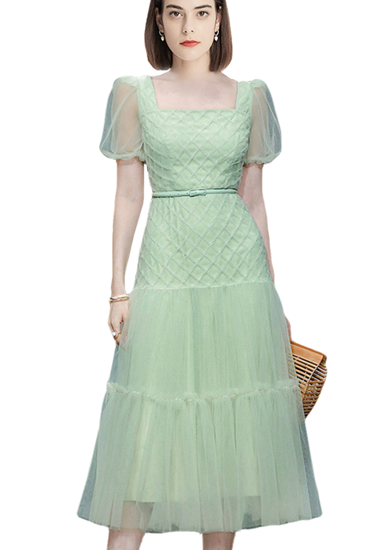 2023 New Summer Dress Square Neck Puff Sleeve Waist Slim Gauze Dress CA061504GR