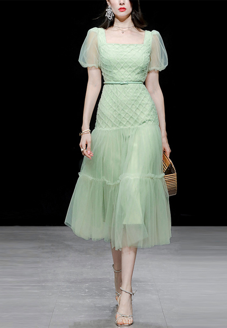 2023 New Summer Dress Square Neck Puff Sleeve Waist Slim Gauze Dress CA061504GR