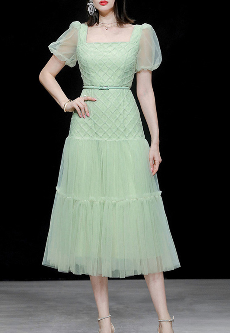 2023 New Summer Dress Square Neck Puff Sleeve Waist Slim Gauze Dress CA061504GR