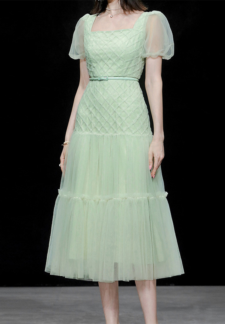 2023 New Summer Dress Square Neck Puff Sleeve Waist Slim Gauze Dress CA061504GR