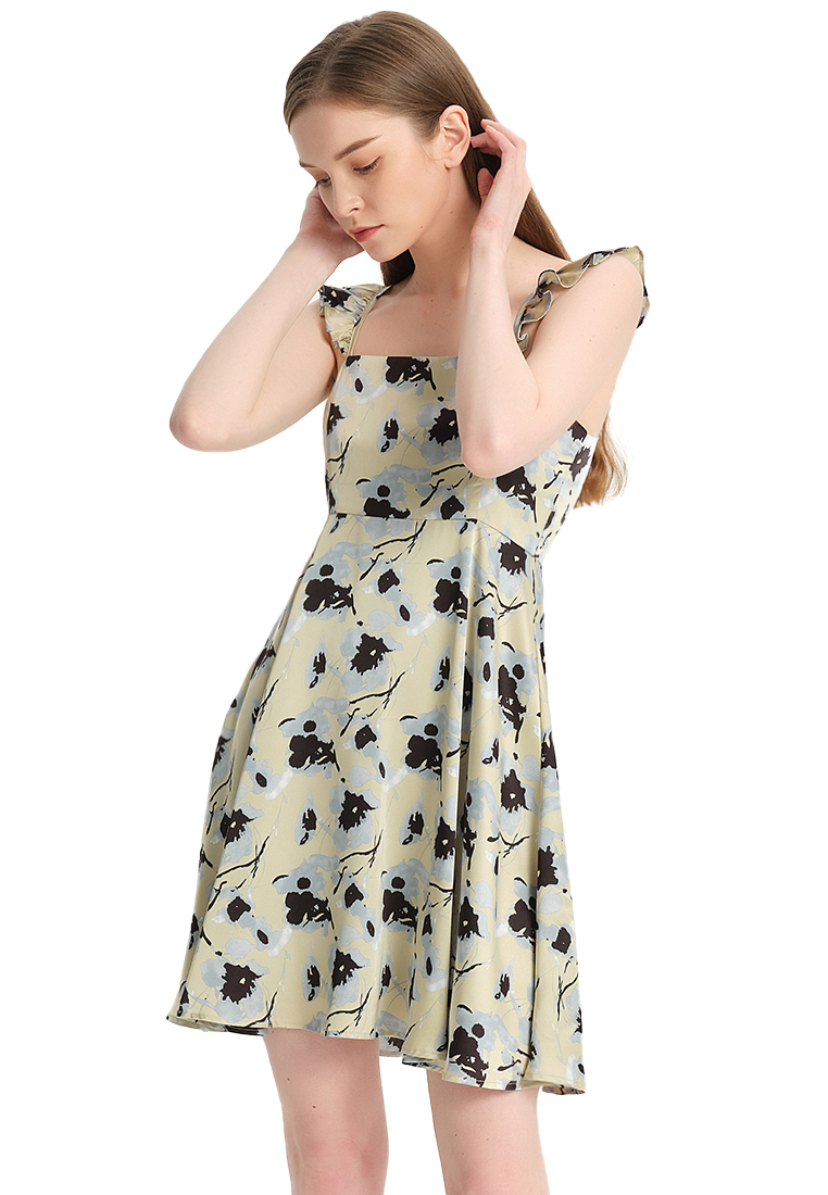 Women's French elegant print high-waisted square neck slip chiffon A-line dress B22041205-sunnydaysweety